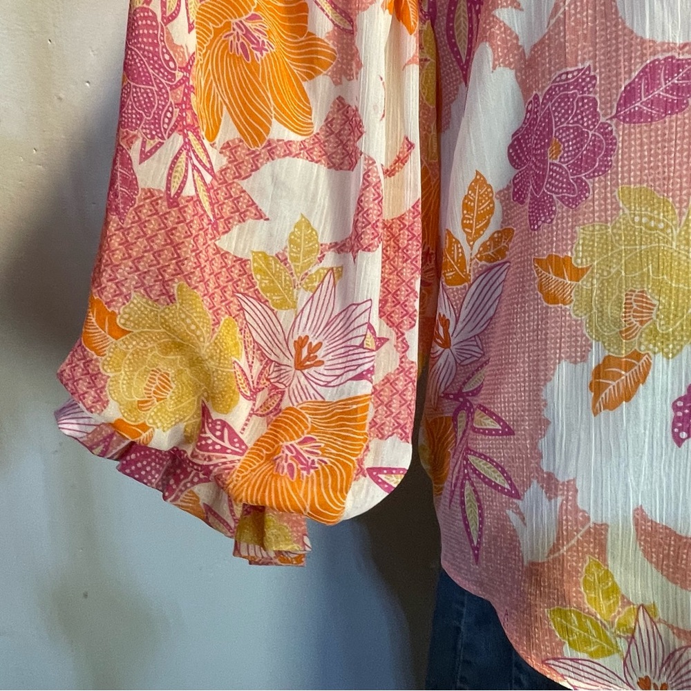 #0238 Fate-Pink & Orange Blouse Vibrant Top Front Buttons Puff Sleeves-S - Picture 6 of 7